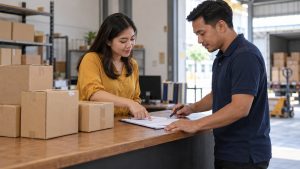 Dua orang meninjau dokumen di dekat kardus sebagai ilustrasi konsultasi jasa ekspedisi pengiriman.