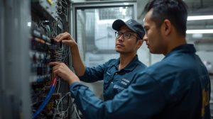 Teknisi Indonesia sedang melakukan pengecekan electrical panel