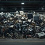 tumpukan perangkat elektronik bekas di area daur ulang