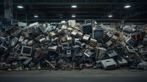 tumpukan perangkat elektronik bekas di area daur ulang