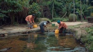 Warga mengambil air bersih dari sumber alami di pedesaan Indonesia