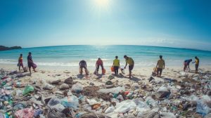 tumpukan sampah plastik di pantai Indonesia dengan petugas Dinas Lingkungan Hidup sedang melakukan pembersihan