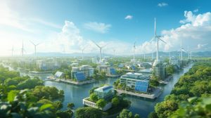 Turbin angin dan panel surya sebagai simbol energi terbarukan di Indonesia.