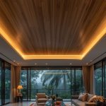 Pemasangan plafon PVC Batam bermotif kayu yang mewah, tahan air, dan anti rayap oleh Deplafon