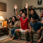 Sekelompok pemuda sedang berkumpul menyaksikan pertandingan sepak bola di layar televisi