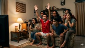 Sekelompok pemuda sedang berkumpul menyaksikan pertandingan sepak bola di layar televisi