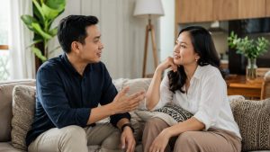 Pasangan dewasa berdiskusi tentang hubungan dan kecocokan