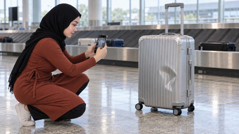 Perempuan berhijab hitam memotret koper penyok berwarna perak di area pengambilan bagasi.