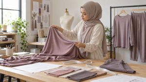 Ilustrasi desainer menilai jatuhnya kain untuk koleksi yoga dan loungewear di studio pakaian.