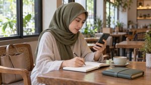 Wanita berhijab memeriksa ponsel sambil menulis catatan di meja kafe.
